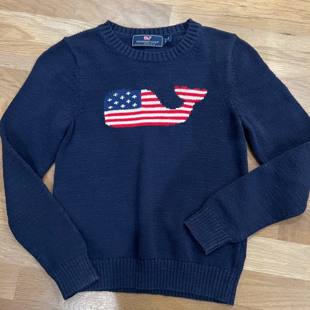 Vineyard Vines kids Navy Sweater with American Flag Whale Design